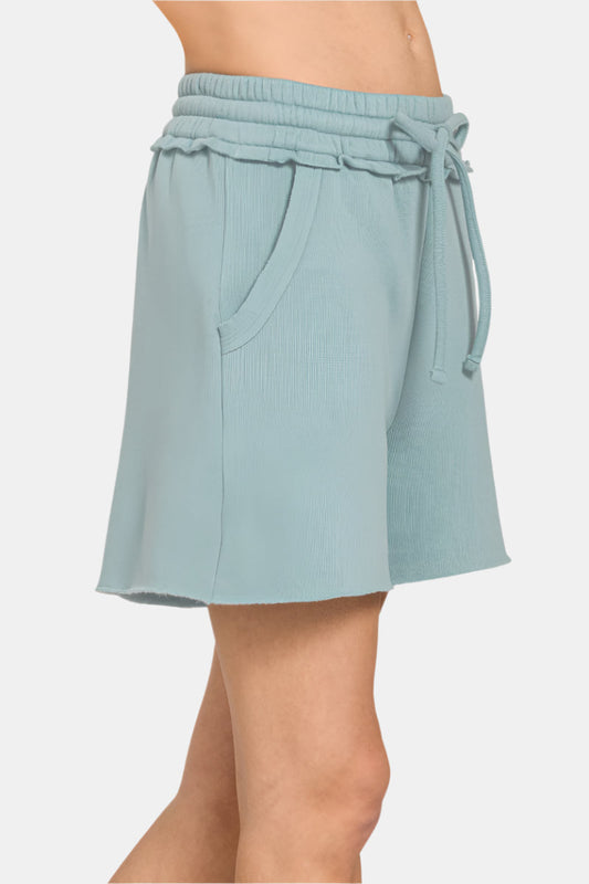 Fleece Raw Hem Shorts With Drawstring / BLUE GREY
