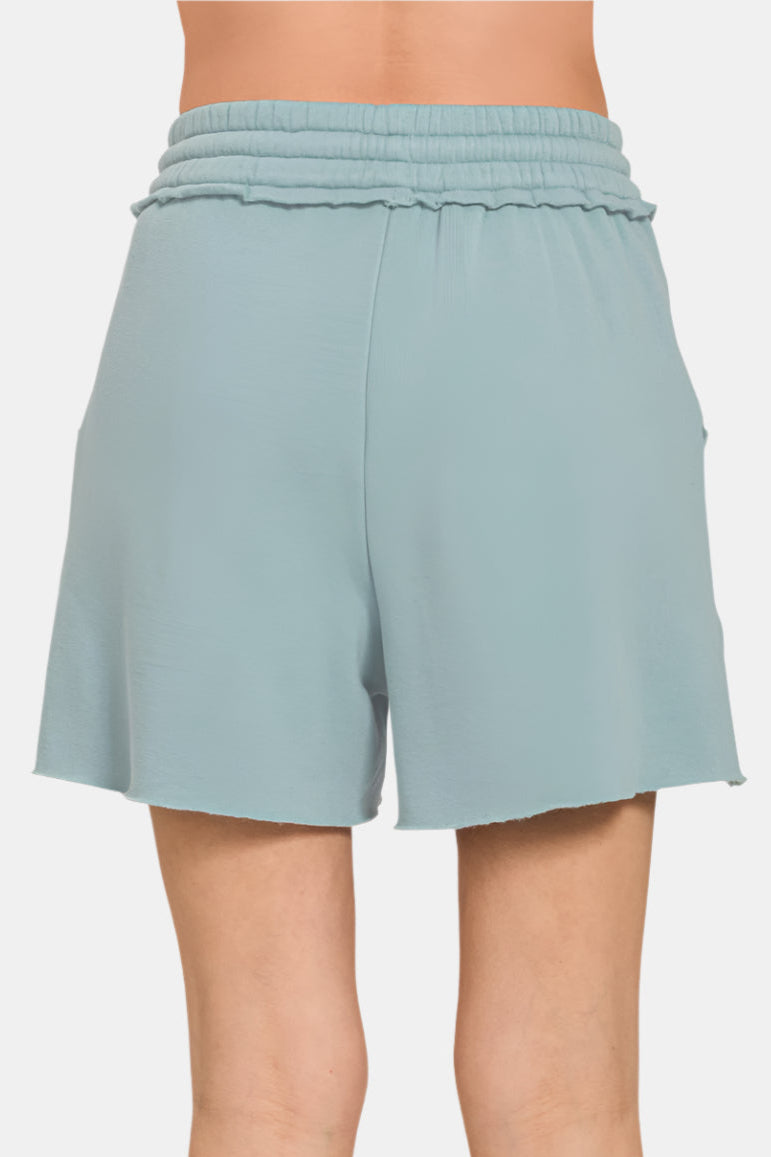Fleece Raw Hem Shorts With Drawstring / BLUE GREY