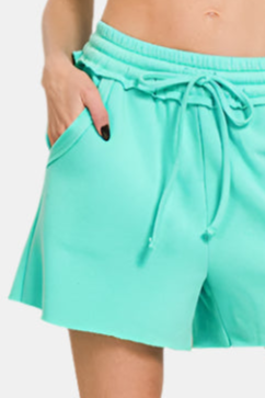 Fleece Raw Hem Shorts With Drawstring / MINT