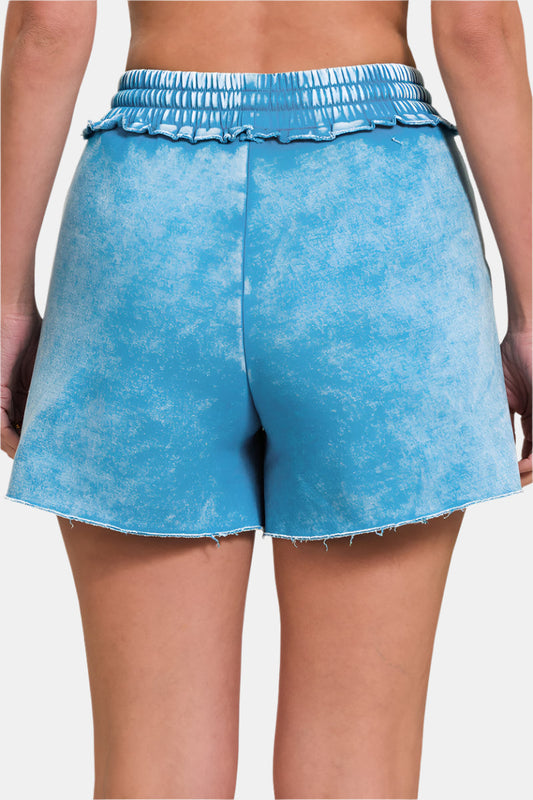 Acid Wash Fleece Drawstring Shorts With Pockets / DEEP SKY