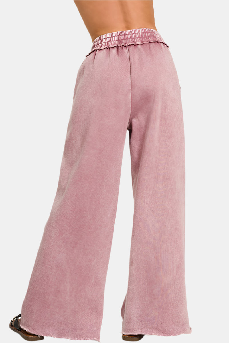 Acid Wash Fleece Palazzo Sweatpants with Pockets / MARLIN
