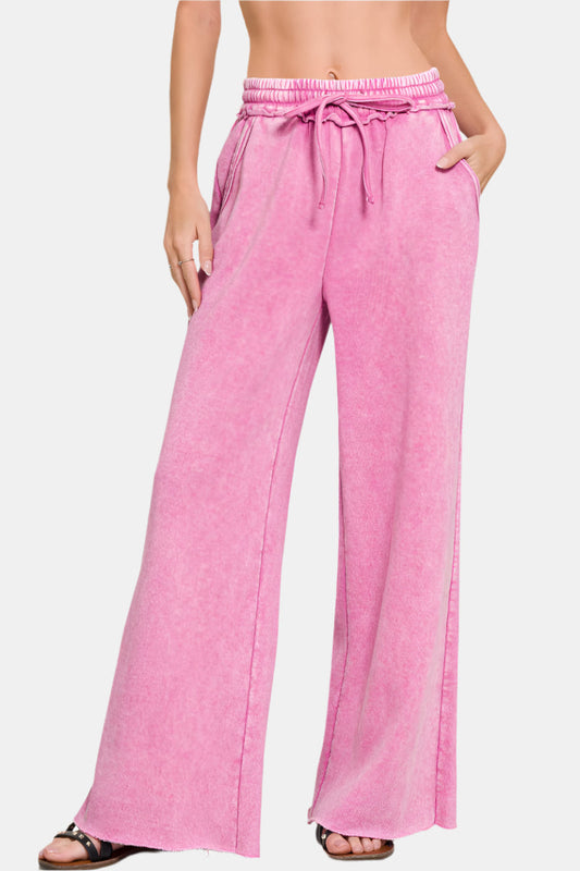 Acid Wash Fleece Palazzo Sweatpants with Pockets / MAUVE