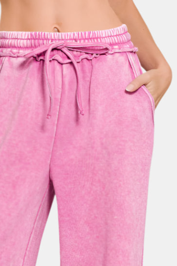Acid Wash Fleece Palazzo Sweatpants with Pockets / MAUVE