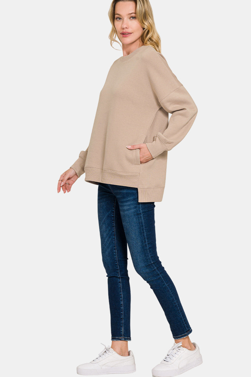 Fleece Hi-Low Boyfriend Sweatshirt with Pockets / RUBY