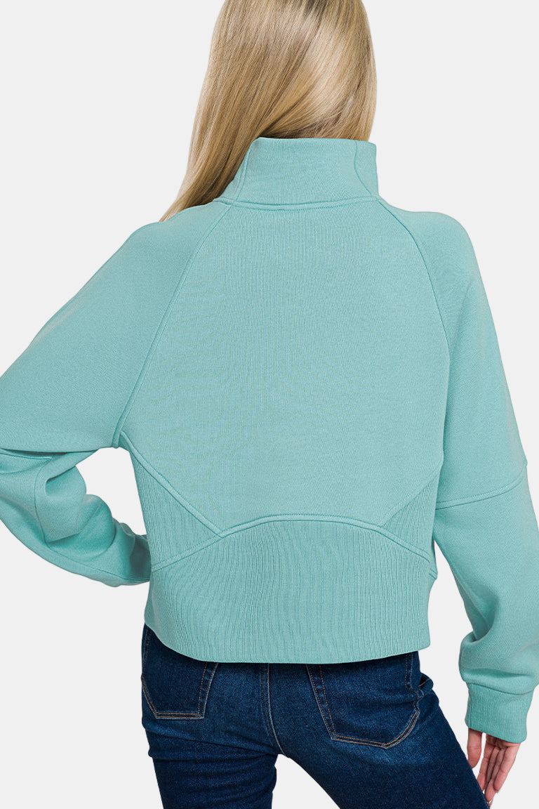 Fleece Half Zip Kangaroo Pocket Sweatshirt / TURQUOISE