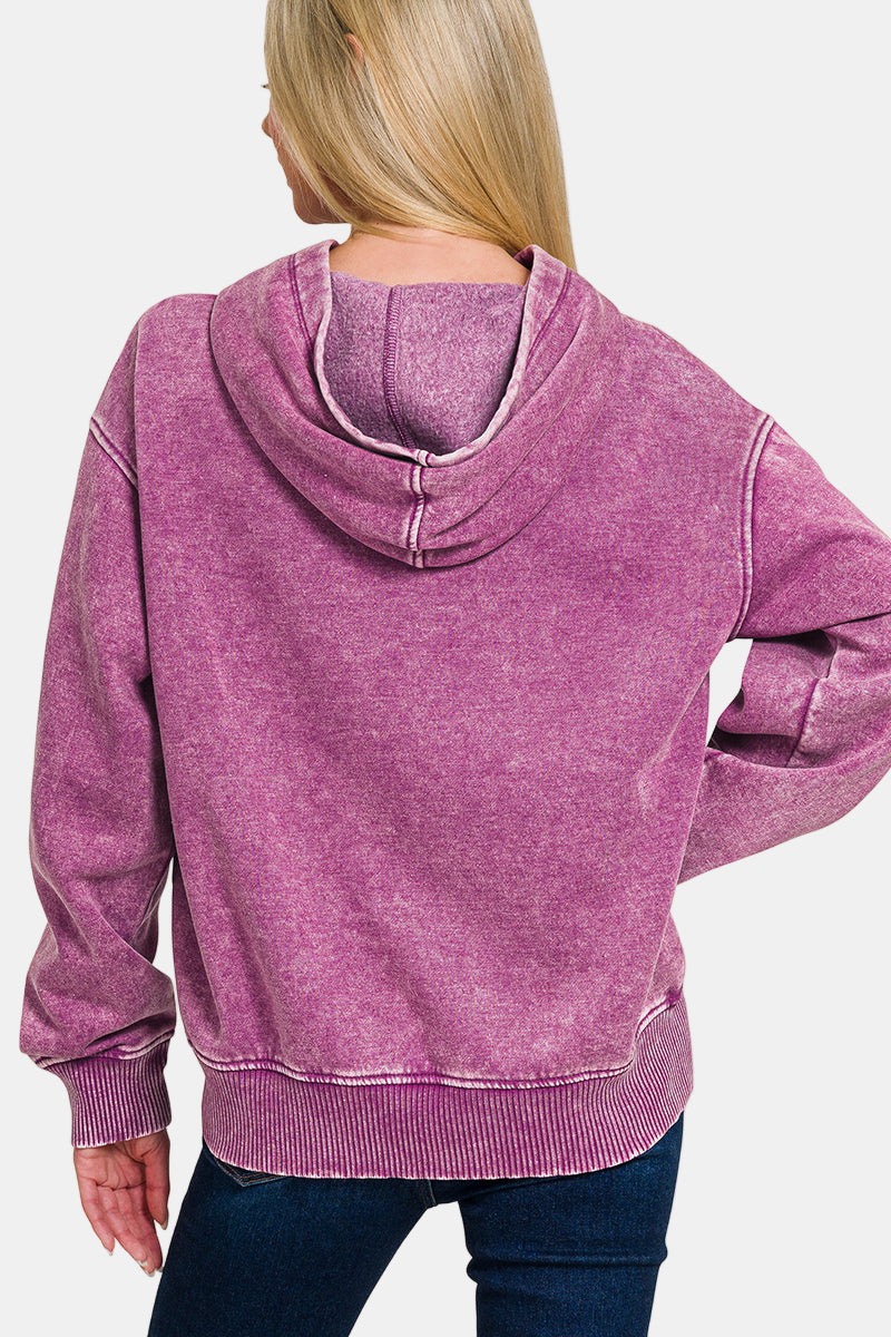 Fleece Acid Wash Kangaroo Pocket Hoodie / BROWN