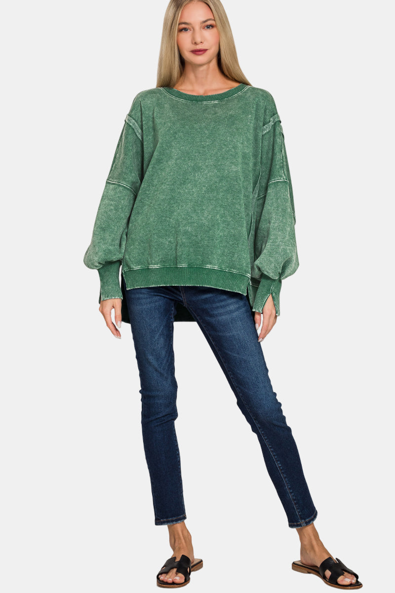 Acid Washed Batwing Sleeve Hi-Low Fleece Sweatshirt / B VIOLET