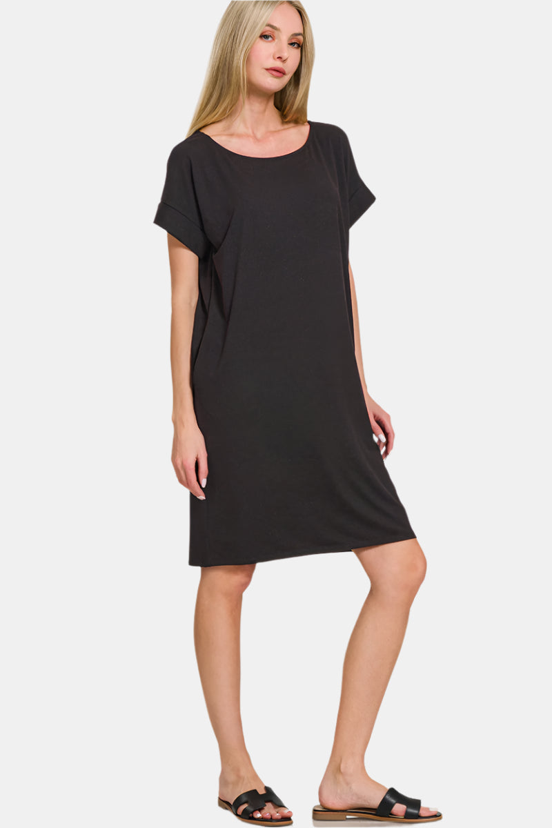 Rolled Short Sleeve Round Neck Dress / BLACK