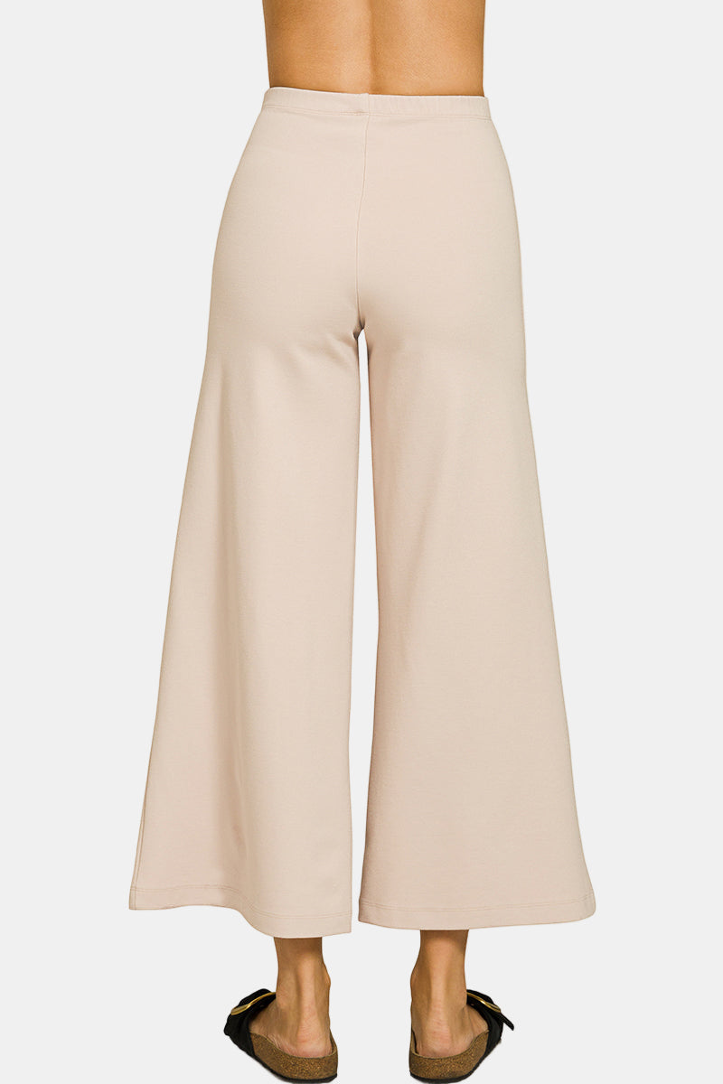 Heavy Ponte Elastic Waistband Pintuck Wide Leg Pants / BLACK