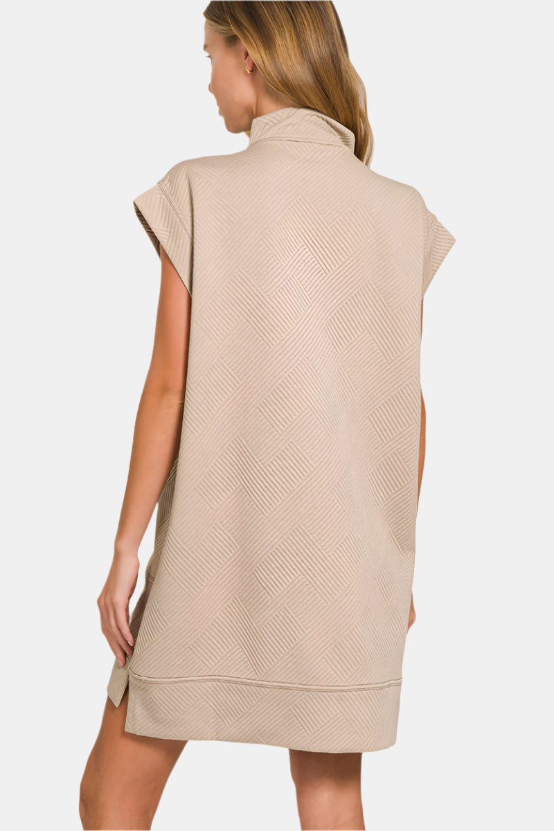 Textured Knit Jacquard Quarter Zipper Mini Dress / TURQUOISE