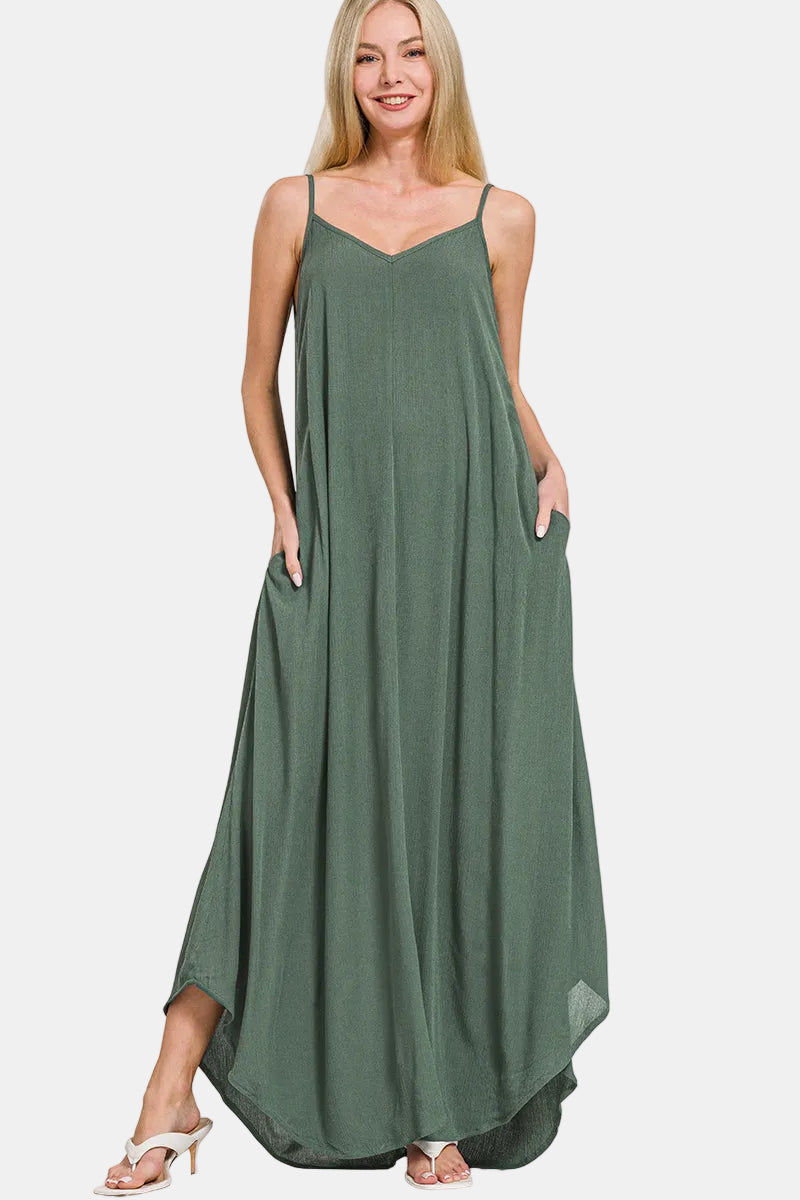 Woven Crinkle Cami Maxi Dress with Side Pockets / K GREEN