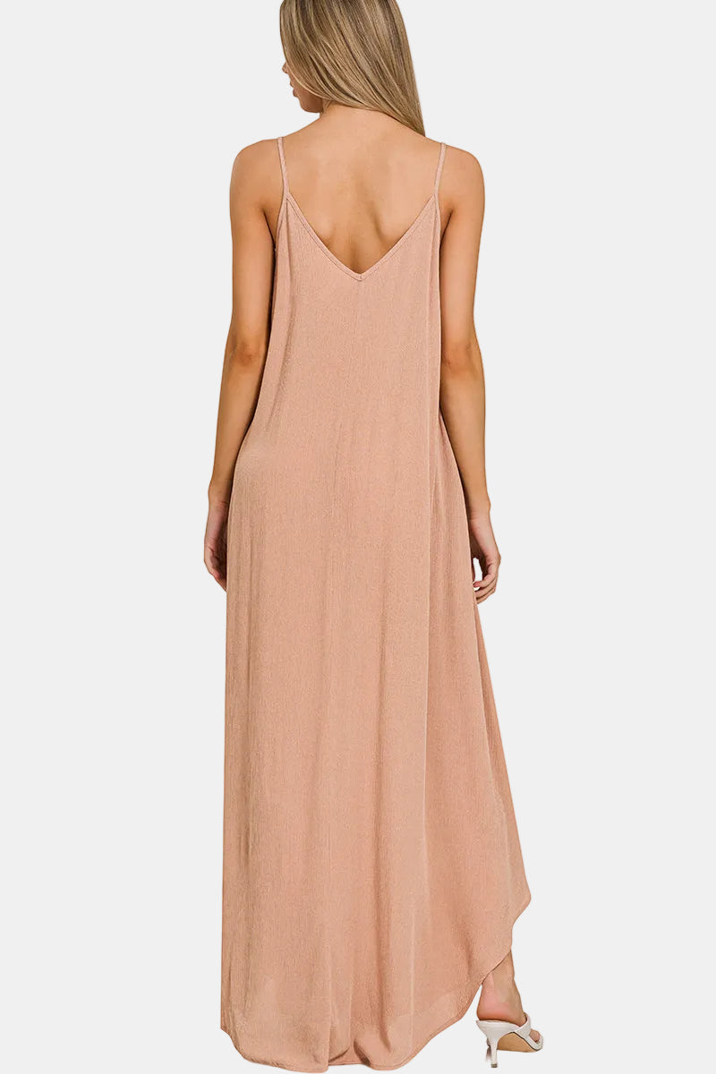 Woven Crinkle Cami Maxi Dress with Side Pockets / BROWN