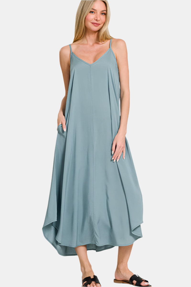 Woven Arc Hem Flowy Cami Dress With Pockets / BLUE GREY