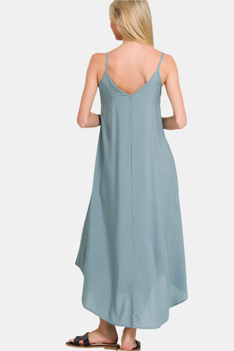 Woven Arc Hem Flowy Cami Dress With Pockets / SAND BEIGE