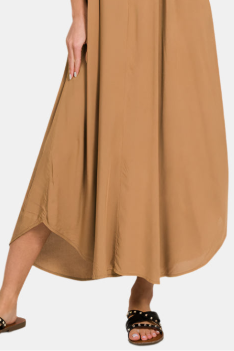 Woven Arc Hem Flowy Cami Dress With Pockets / DEEP CAMEL