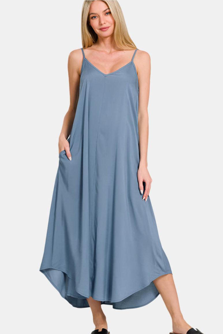 Woven Arc Hem Flowy Cami Dress With Pockets / DUSTY BLUE