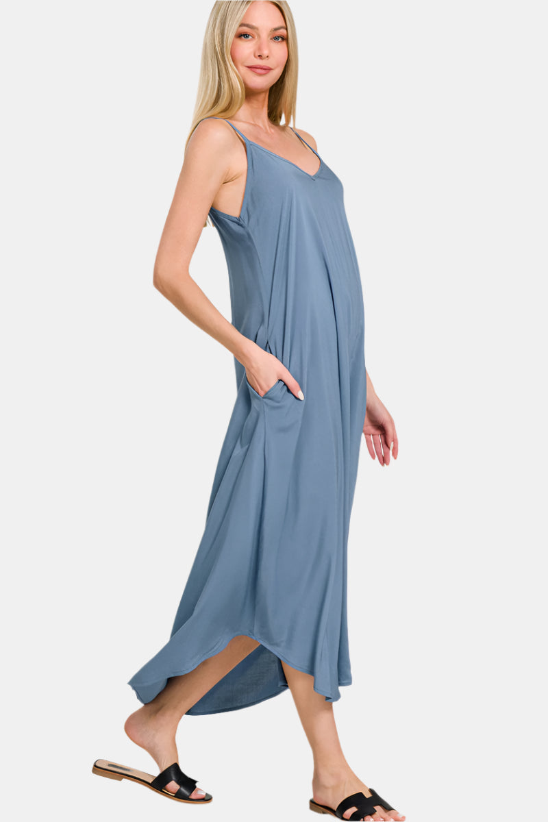 Woven Arc Hem Flowy Cami Dress With Pockets / DUSTY BLUE