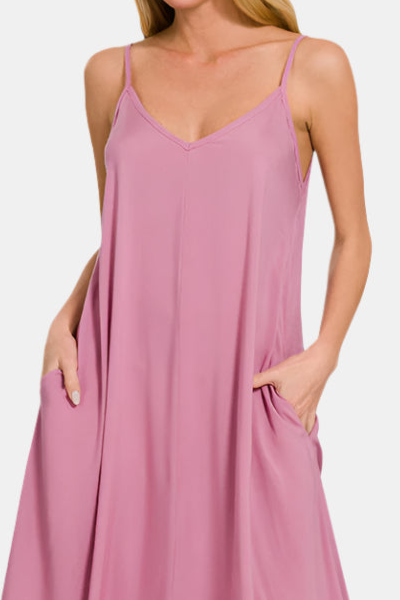 Woven Arc Hem Flowy Cami Dress With Pockets / LT ROSE