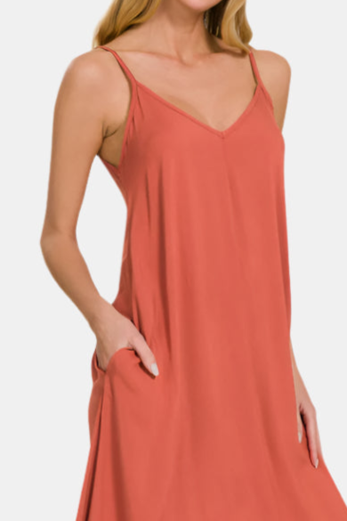 Woven Arc Hem Flowy Cami Dress With Pockets / RUST