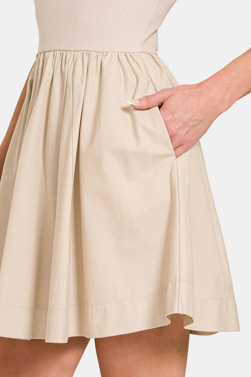 Combined Knit & Woven Fit & Flare Mini Dress / FUCHSIA