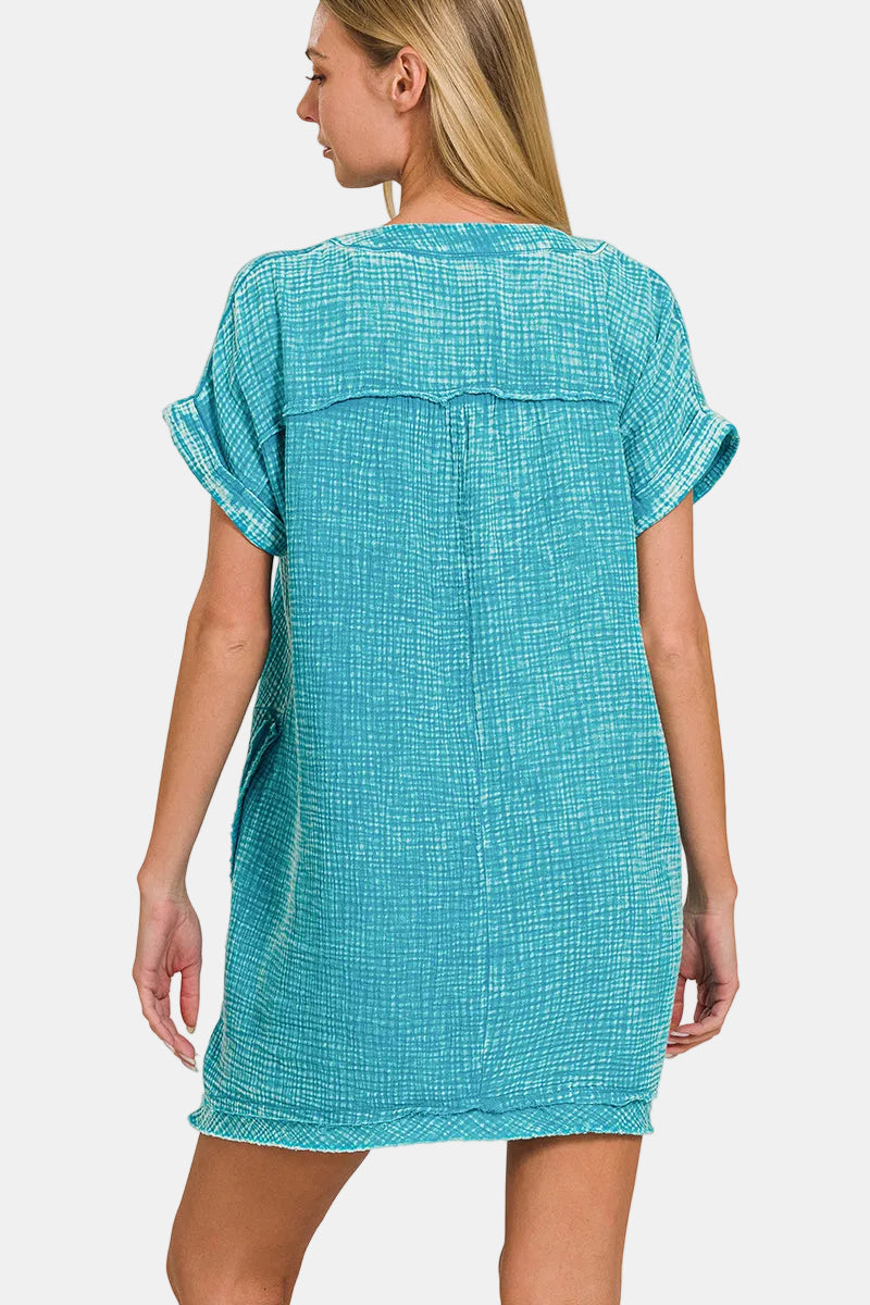 Washed Double Gauze Raw Edge V Neck Dress / ASH BLACK