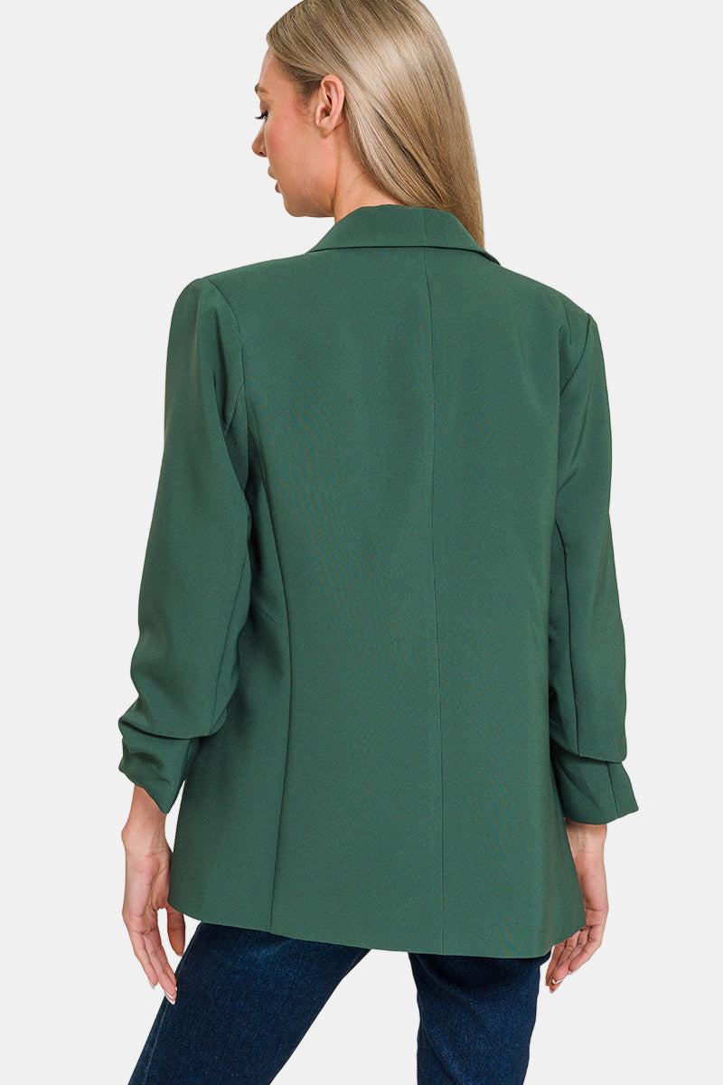 Woven 3/4 Ruched Sleeve Open Front Classic Blazer / TEAL