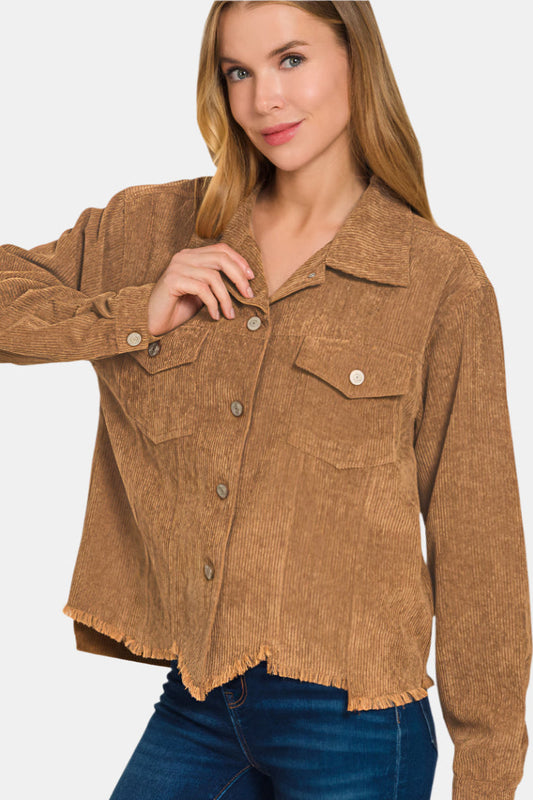 Distressed Corduroy Frayed Hem Cropped Jacket / DEEP CAMEL