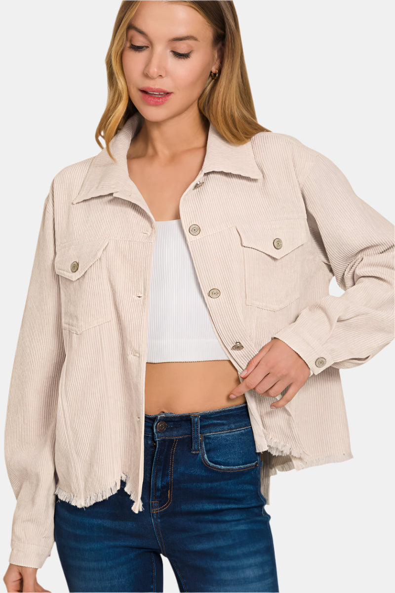 Distressed Corduroy Frayed Hem Cropped Jacket / SAND BEIGE