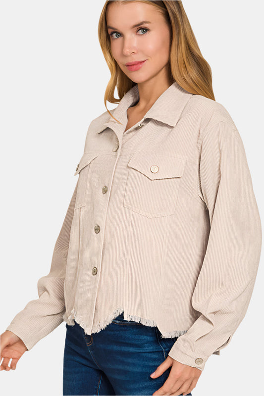 Distressed Corduroy Frayed Hem Cropped Jacket / SAND BEIGE
