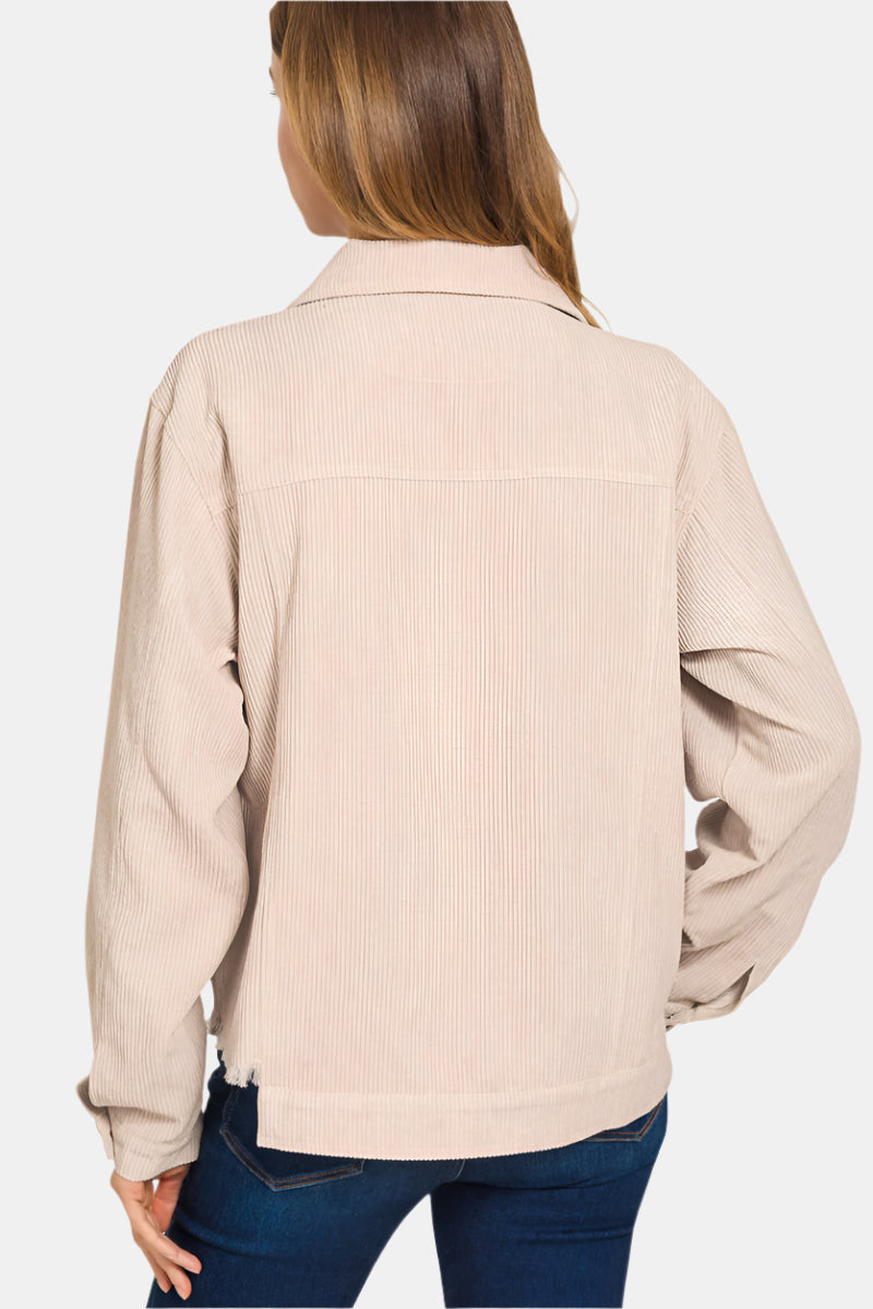 Distressed Corduroy Frayed Hem Cropped Jacket / SAND BEIGE
