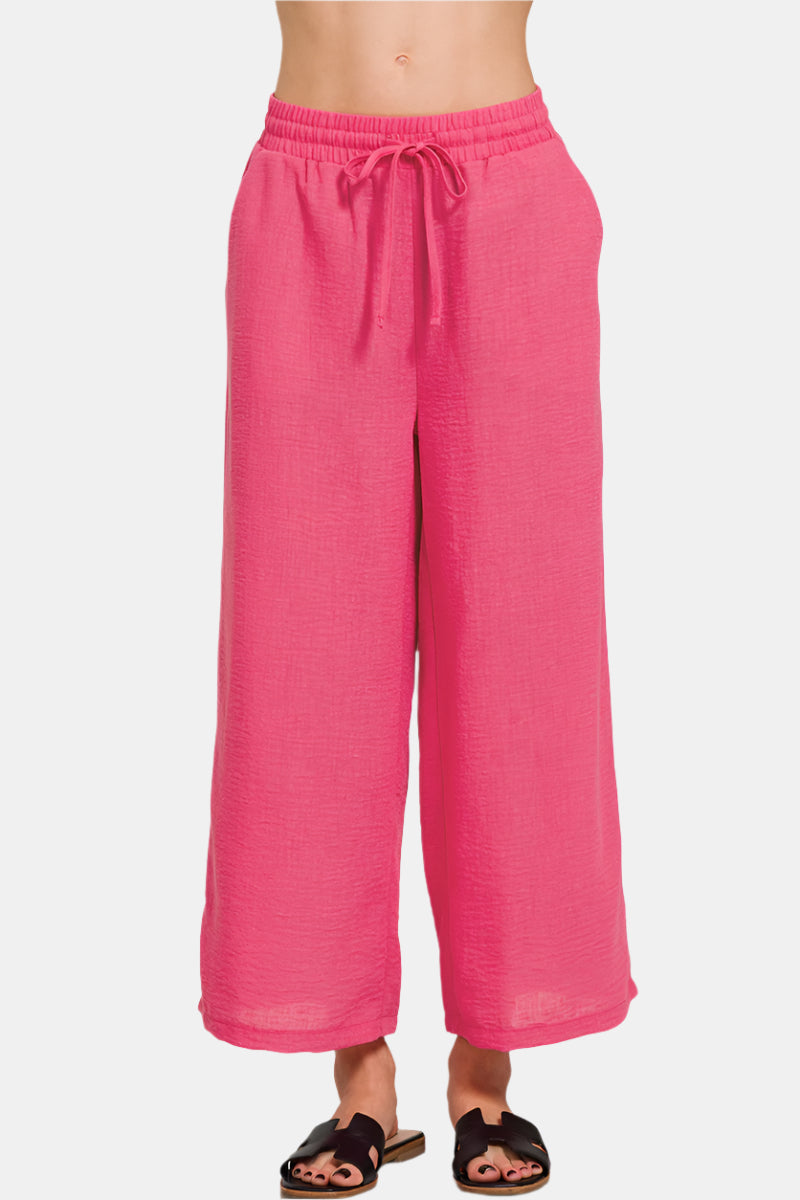 Woven Crepe Elastic Band Waist Cropped Pants / FUCHSIA
