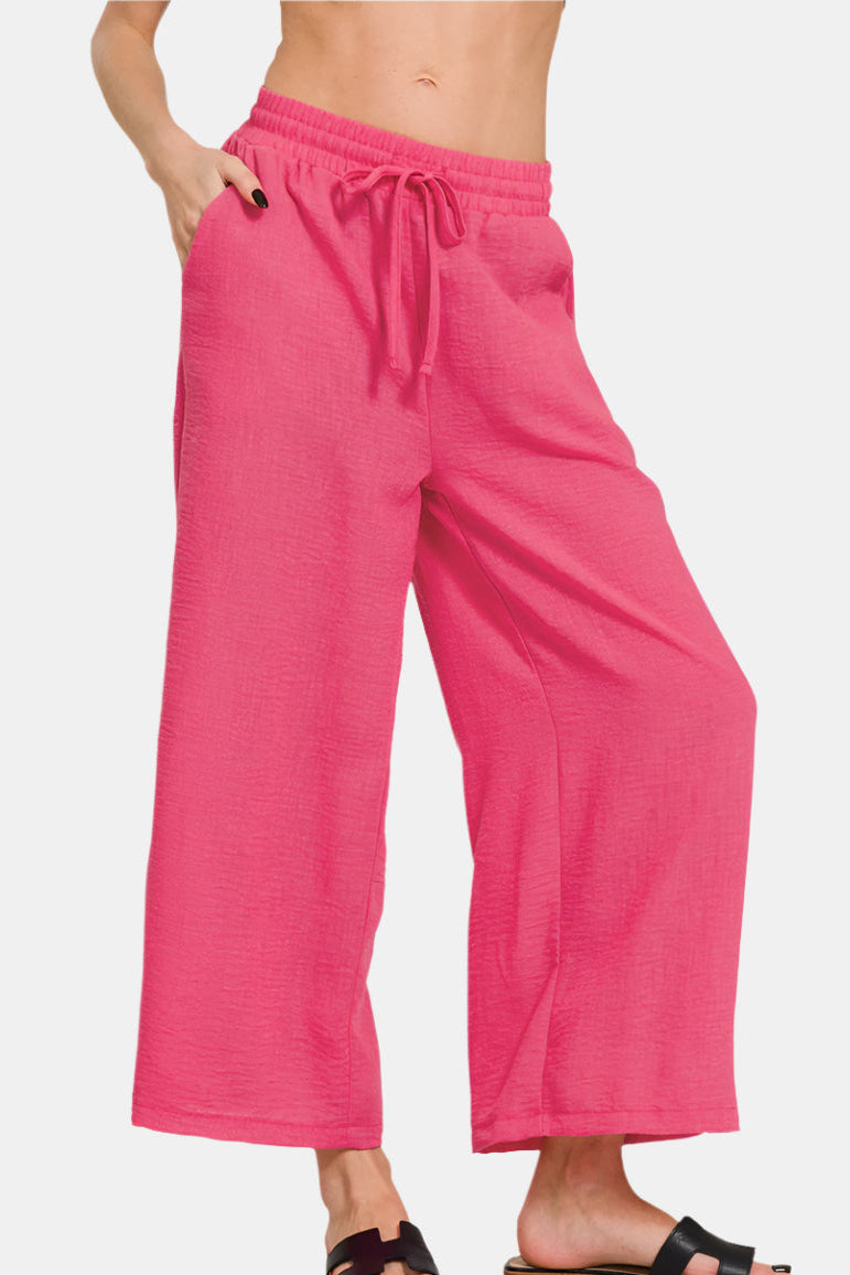 Woven Crepe Elastic Band Waist Cropped Pants / FUCHSIA