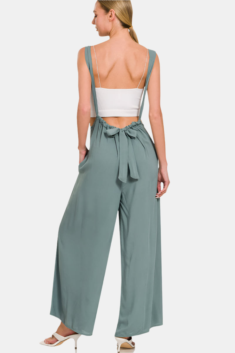 Woven Tie Back Suspender Jumpsuit / DUSTY BLUE