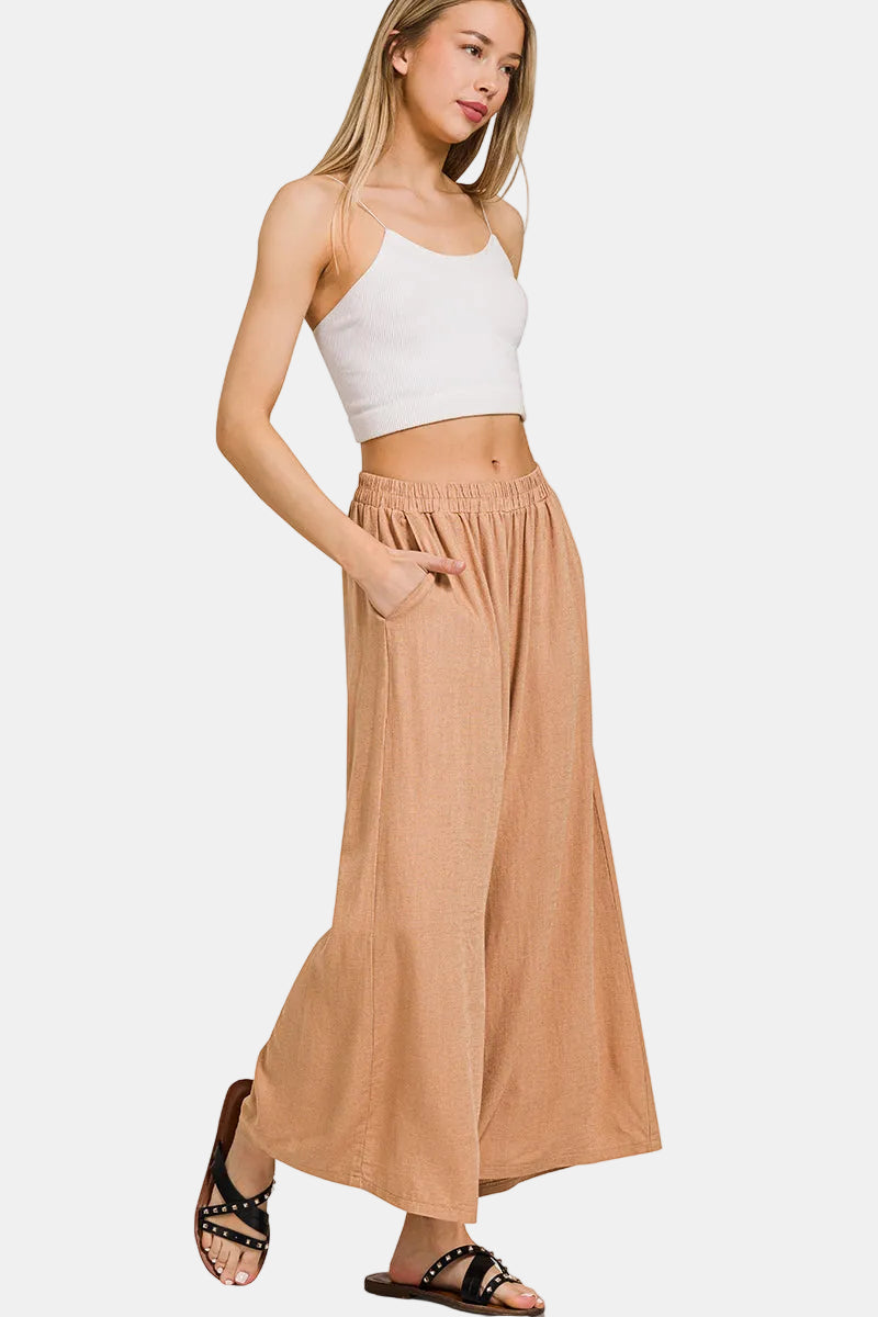 Woven Pleated Linen Blend Wide Leg Pants / BLACK