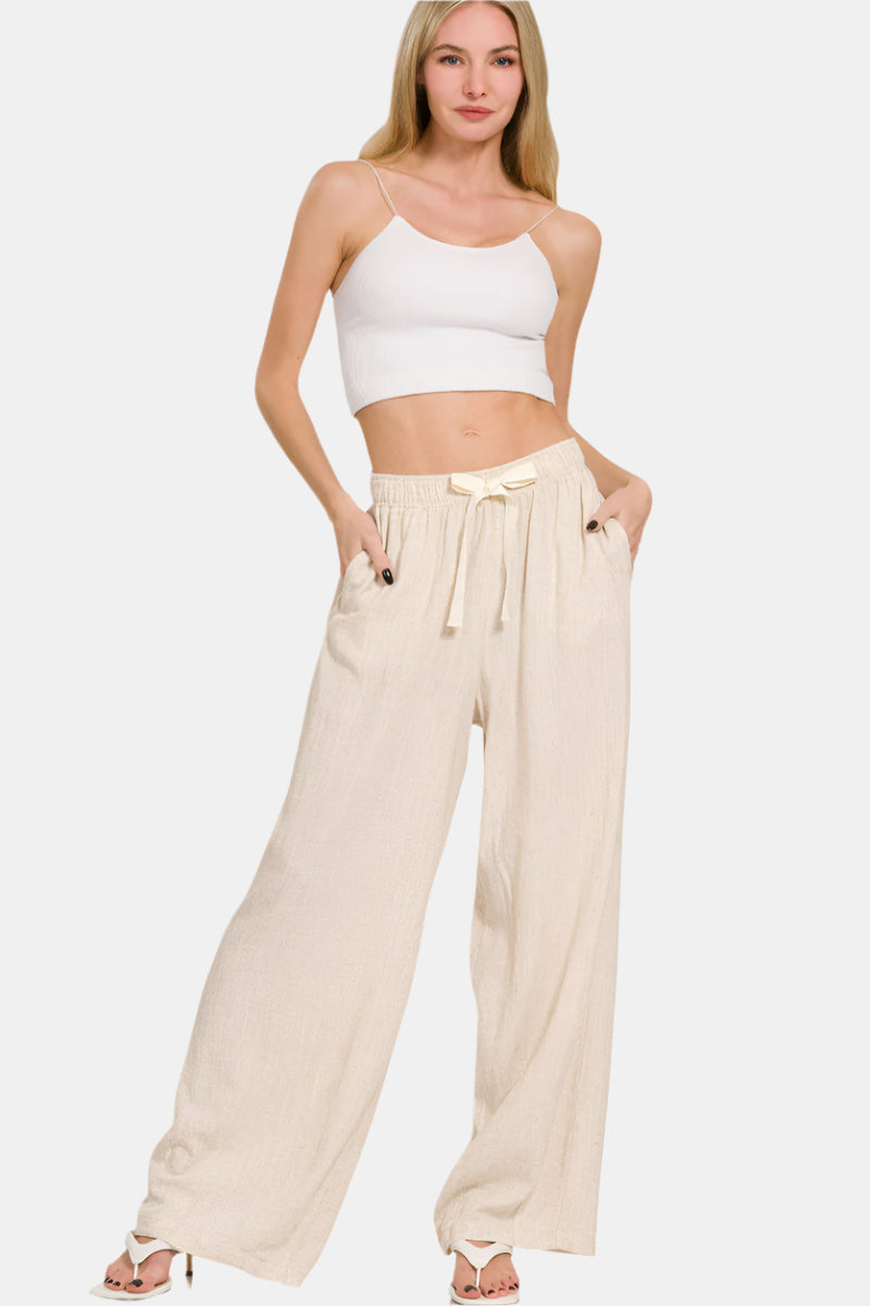Linen Drawstring Pants / BLACK
