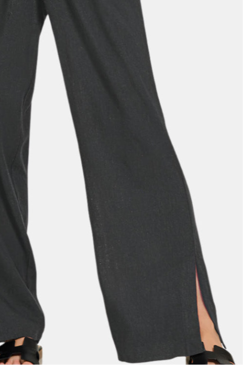 Linen Drawstring Pants With Side Slits / BLACK