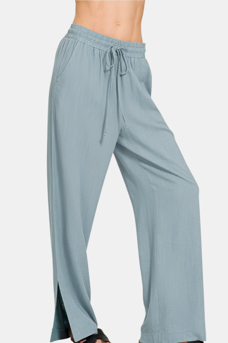 Linen Drawstring Pants With Side Slits / BLUE GREY