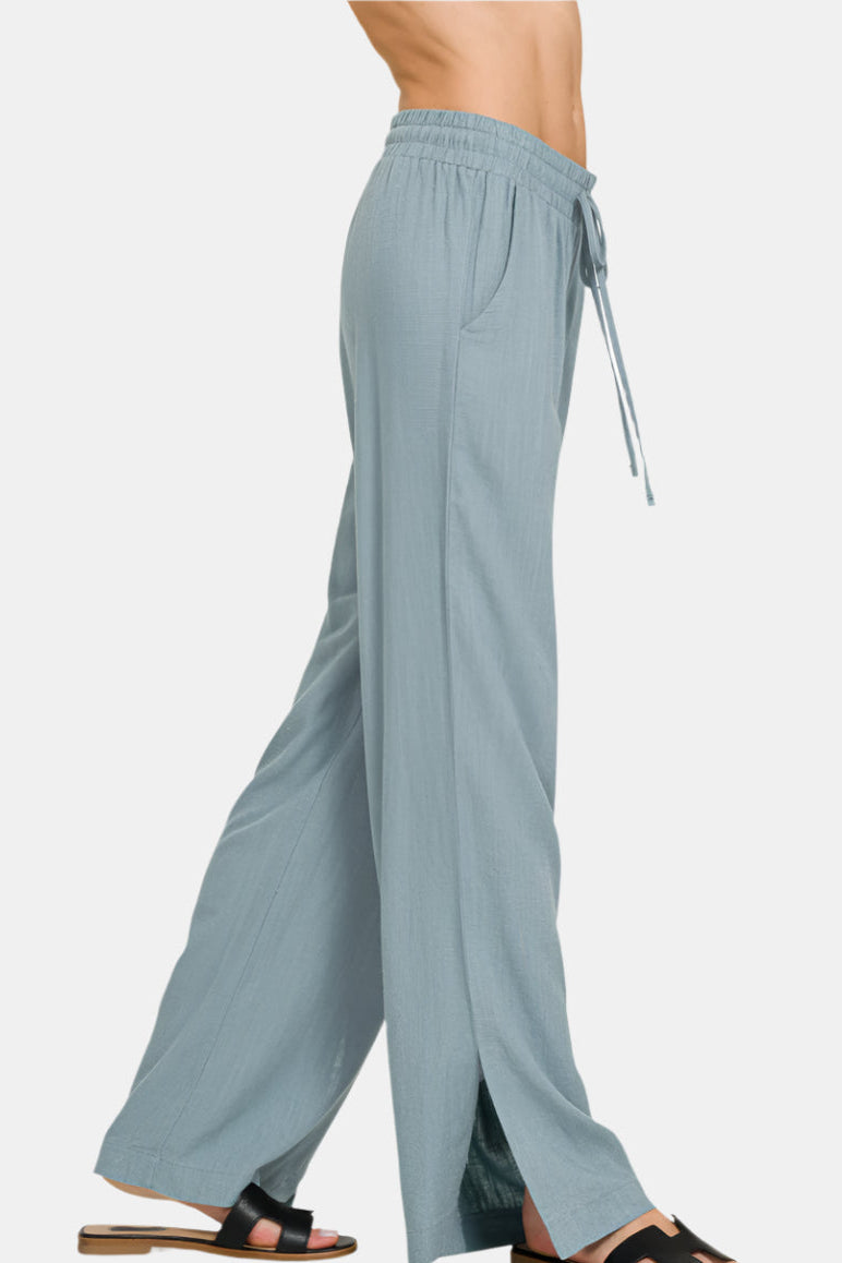 Linen Drawstring Pants With Side Slits / BLUE GREY