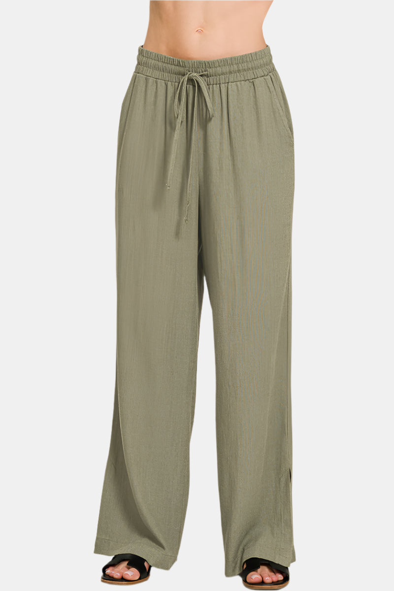 Linen Drawstring Pants With Side Slits / LT OLIVE