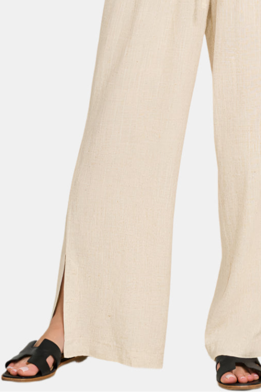 Linen Drawstring Pants With Side Slits / OATMEAL