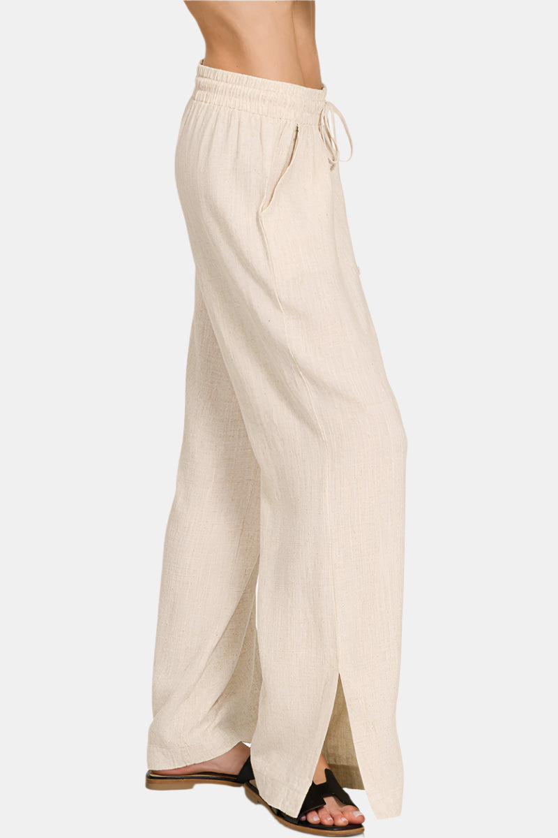 Linen Drawstring Pants With Side Slits / SAND BEIGE