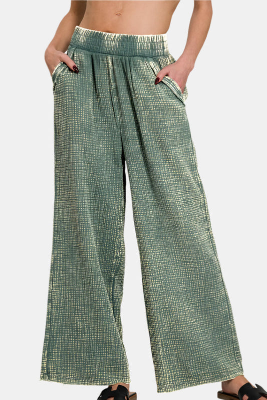 Washed Double Gauze Elastic Band Waist Pants / ASH JADE