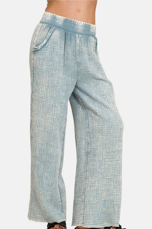 Washed Double Gauze Elastic Band Waist Pants / BLUE GREY