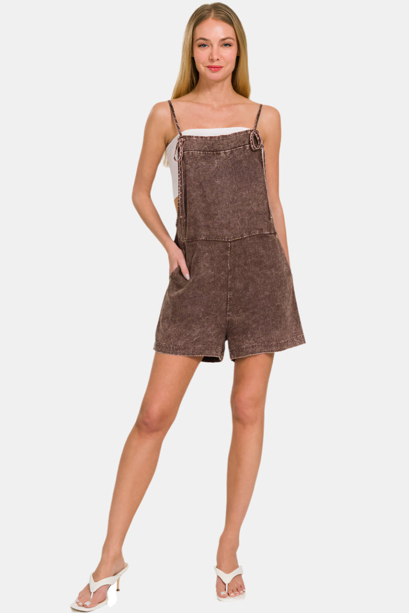 Washed Linen Knot Strap Romper / BROWN