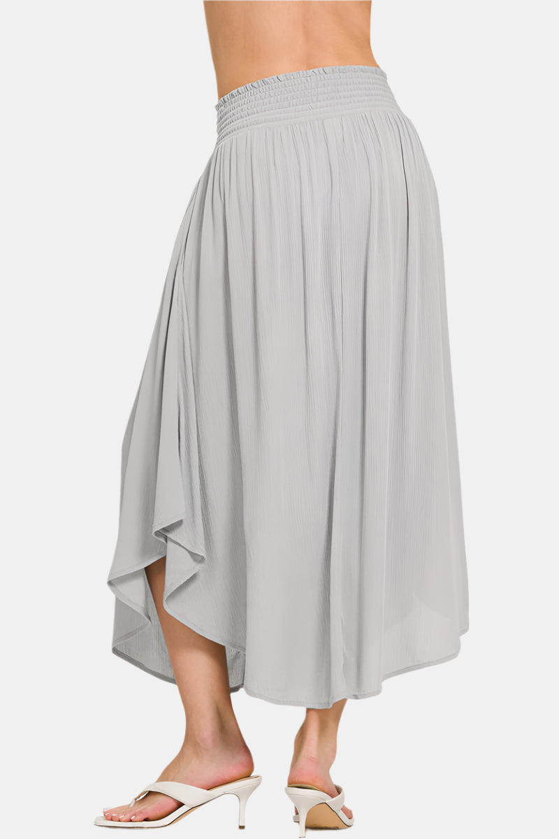 Woven Crinkle Smocked Waist Side Slit Maxi Skirt With Pockets / CLASSIC BLUE