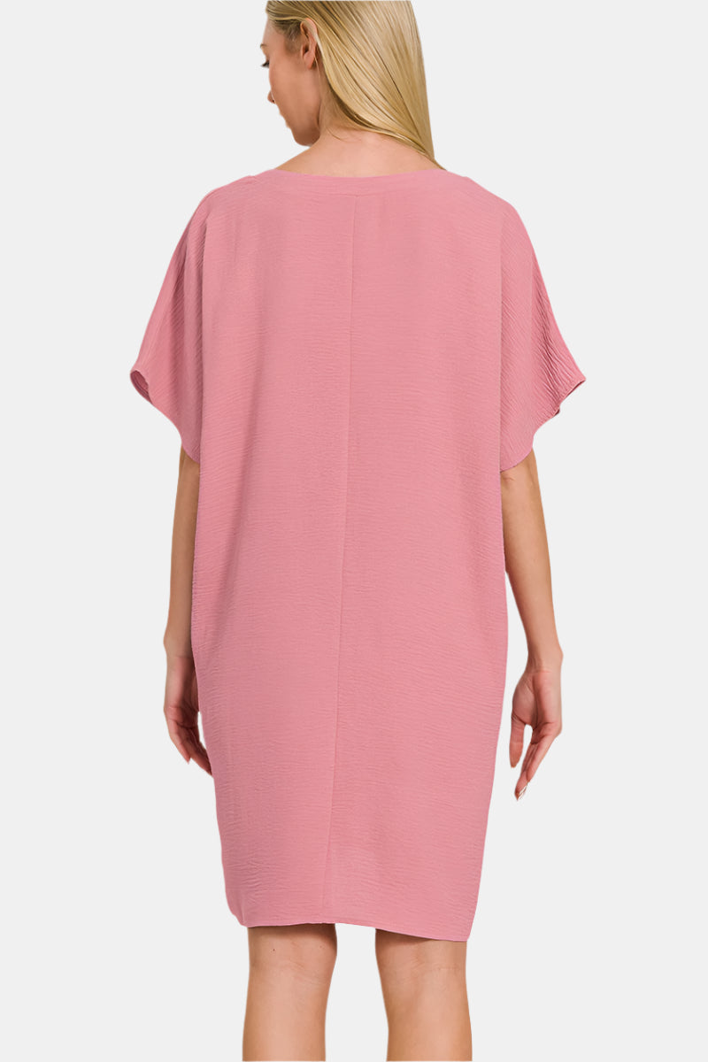 Woven Airflow V-Neck T-Shirt Dress With Pockets / BLACK
