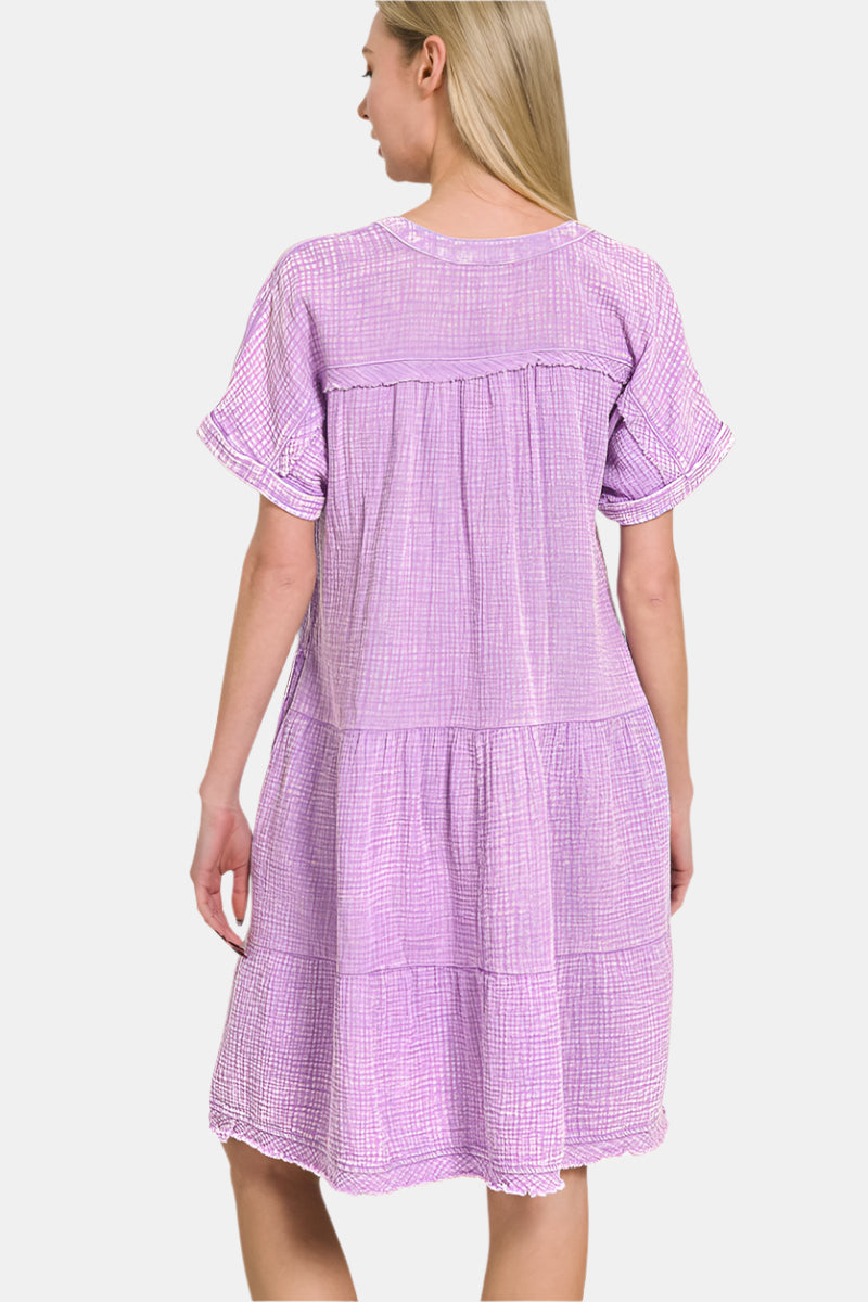 Washed Double Gauze Raw Edge V-Neck Dress / ASH BLACK