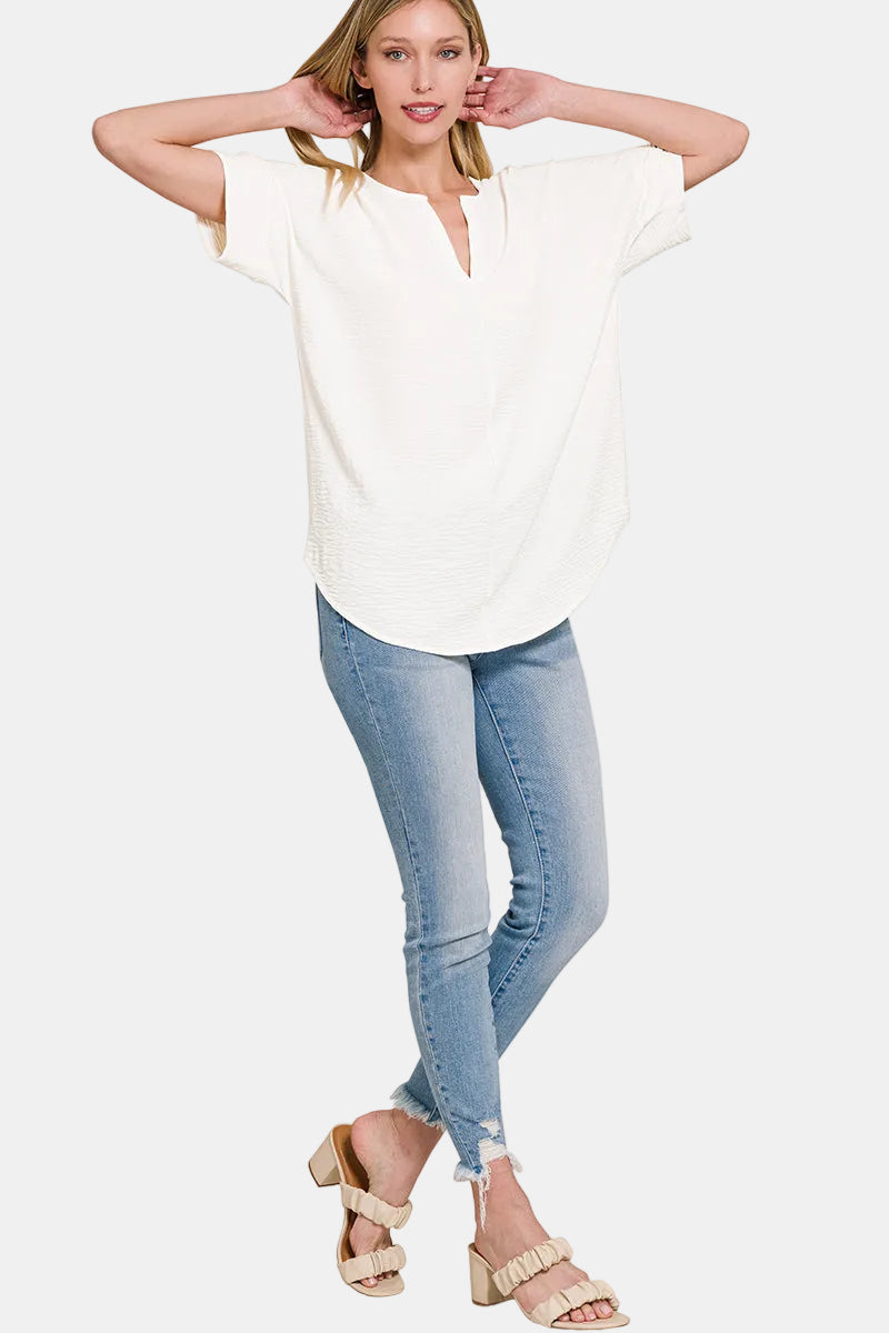 Woven Airflow Split Neck Short Sleeve Top / SAND BEIGE