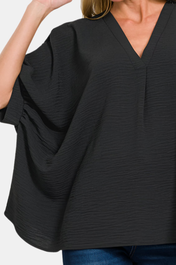 Woven Airflow V-Neck Puff Half Sleeve Top / BLACK