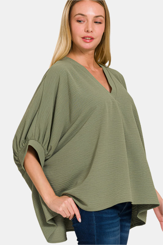 Woven Airflow V-Neck Puff Half Sleeve Top / LT OLIVE
